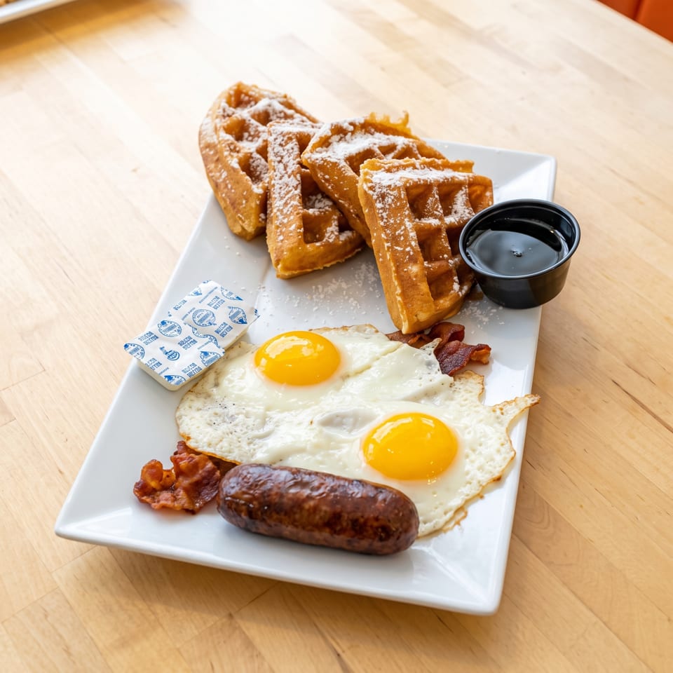 Breakfast platter with powdered-sugar waffles, two fried eggs, bacon, sausage, butter, and syrup on a white plate.
